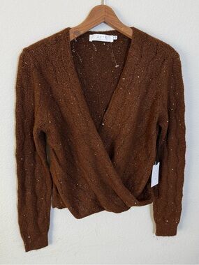 ASTR the Label Metallic Sequin Surplice Cable Stitch Sweater
